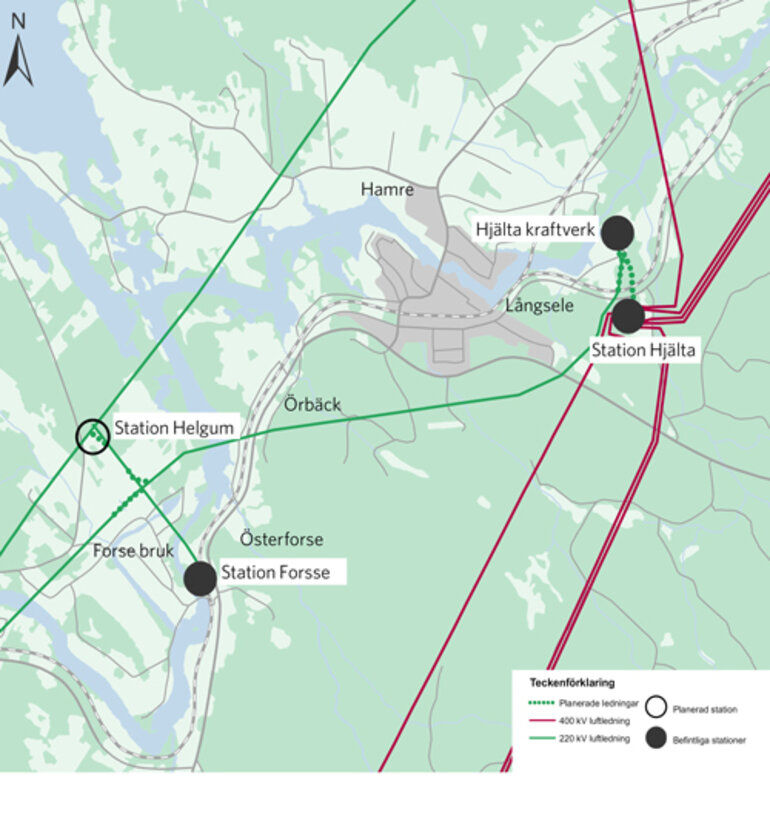 Kartan som visar stamnätsstation, Helgum station och sträckningen för den nya 220 kV-ledningen mellan Hjälta kraftverk och Hjälta station.