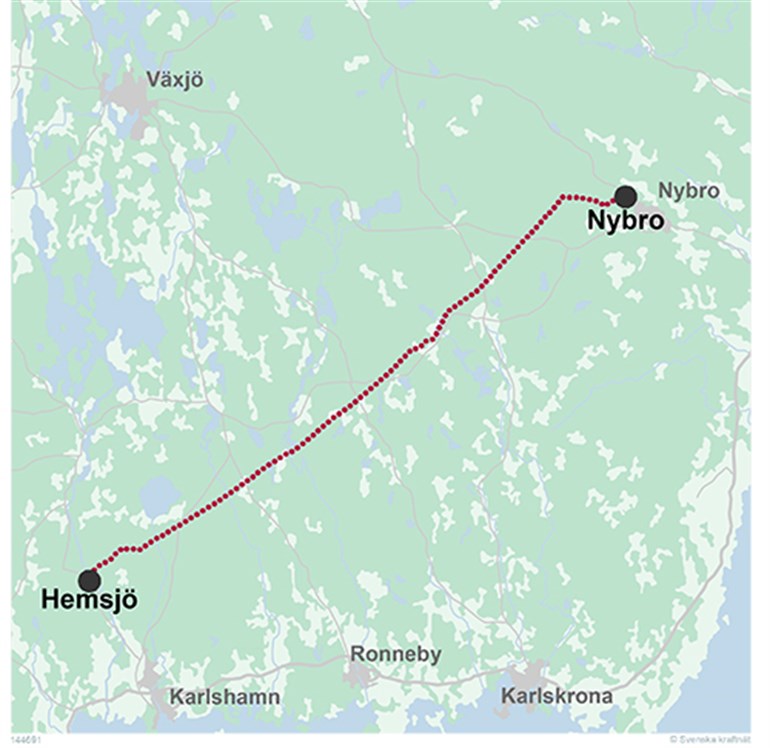  Map over the power line between Nybro and Hemsjö