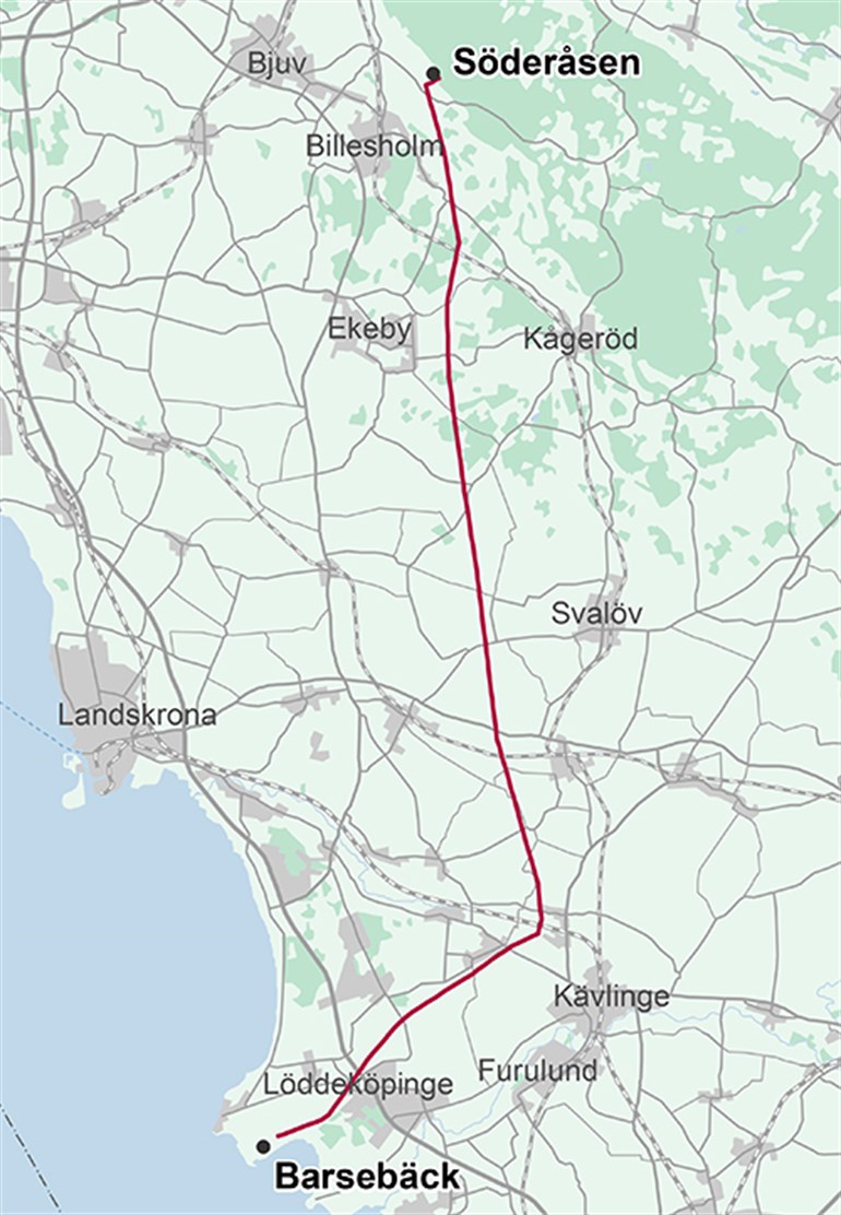 Karta över ledningssträckan mellan Söderåsen och Barsebäck