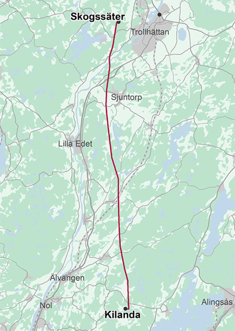 Karta över ledningssträckan mellan Skogssäter och Kilanda. 