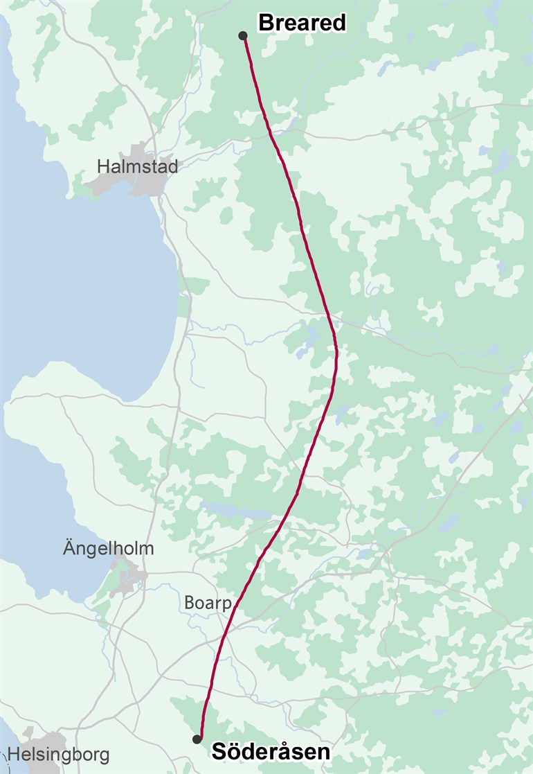 Karta över transmissionsnätsledningen mellan Breared i Halmstads kommun och Söderåsen i Bjuvs kommun