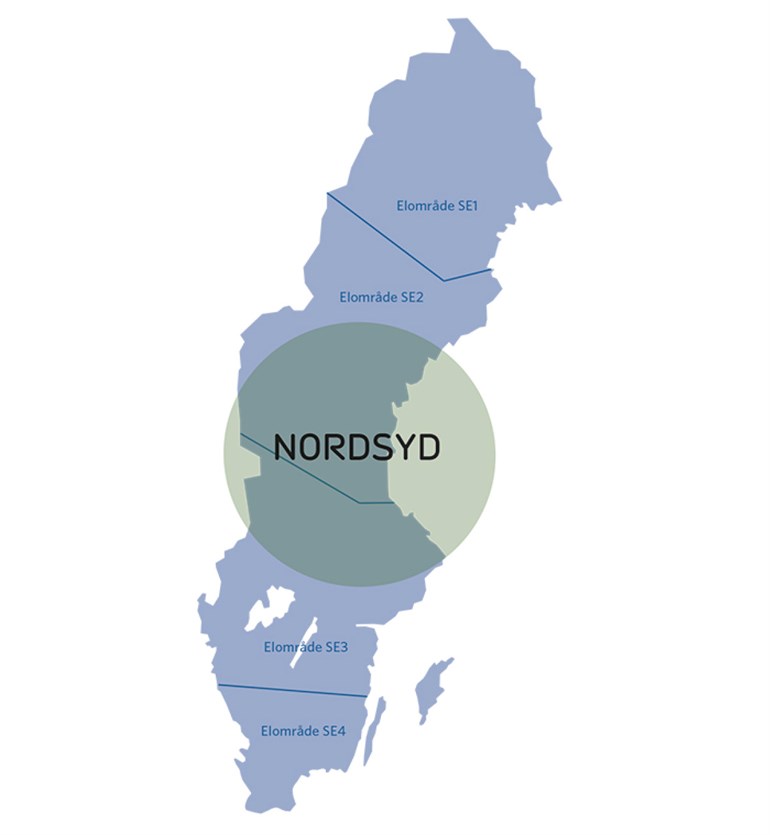 Map over Sweden, with a circle and the word NordSyd
