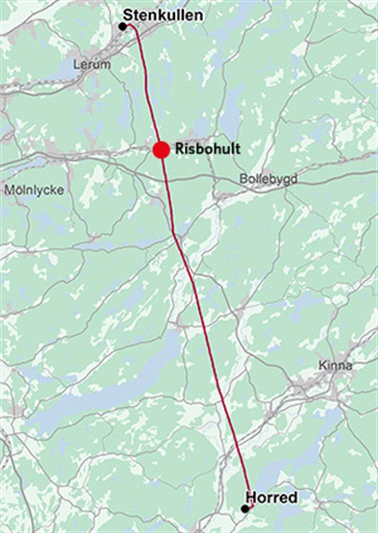 Karta som visar ledningen mellan Stenkullen och Horred
