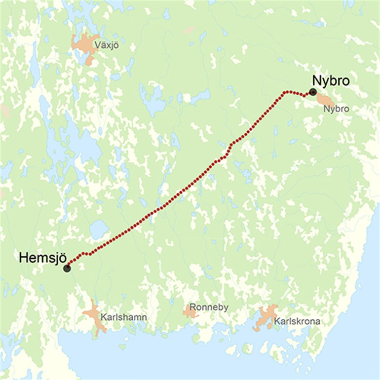 Karta över vart ledingen ska gå mellan Nybro och Hemsjö