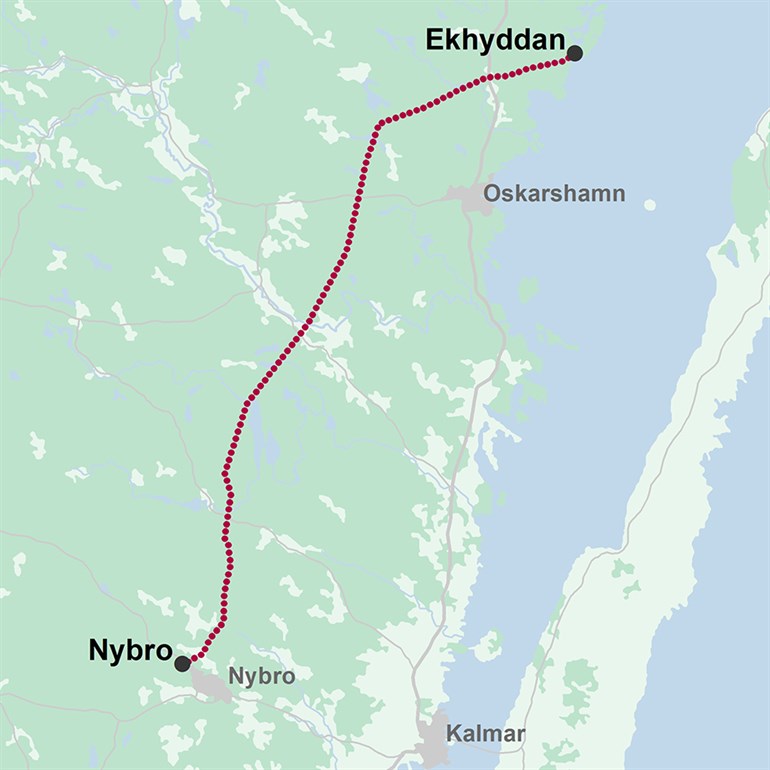 Karta över luftledningens sträckning mellan Ekhyddan och Nybro