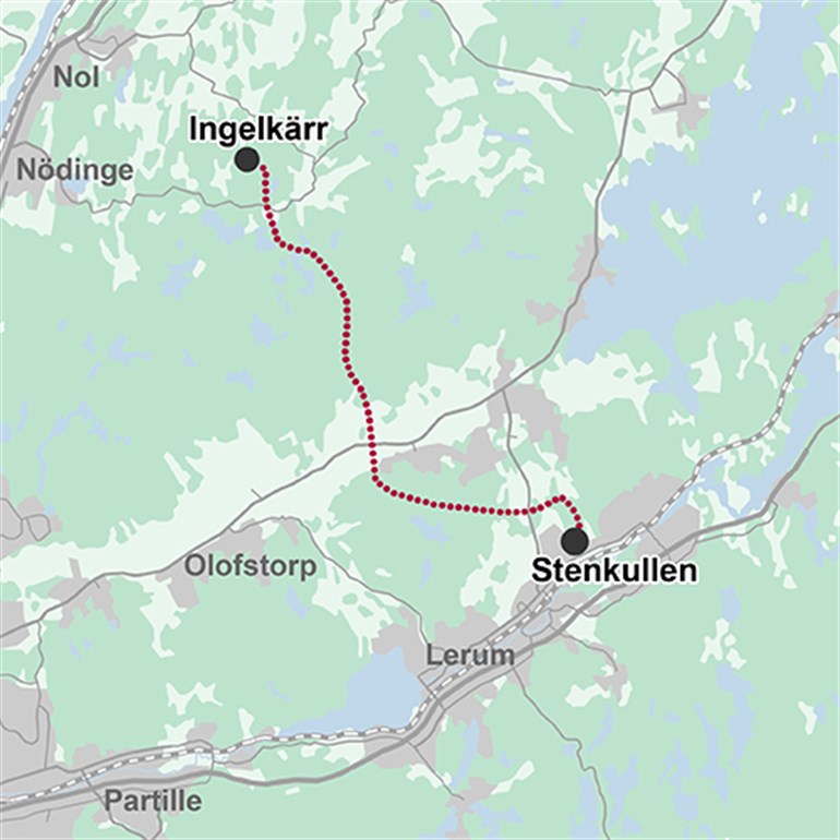 Karta över ledningssträckan mellan Ingelkärr och  Stenkullen.