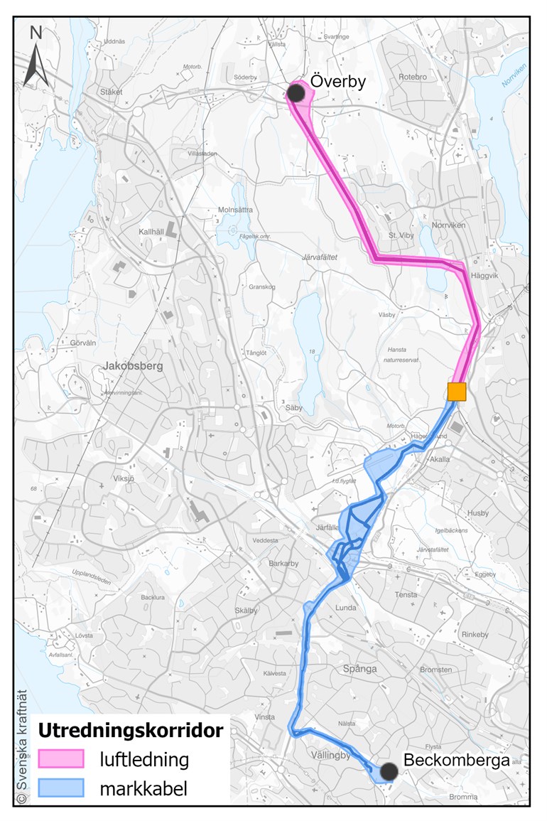 Karta över ny elförbindelse i västra Stockholm mellan transmissionsnätsstationerna Överby i Sollentuna och Beckomberga i Stockholm
