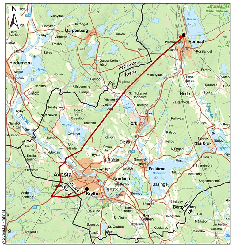 Karta över ledningssträckan mellan Horndal och Avesta