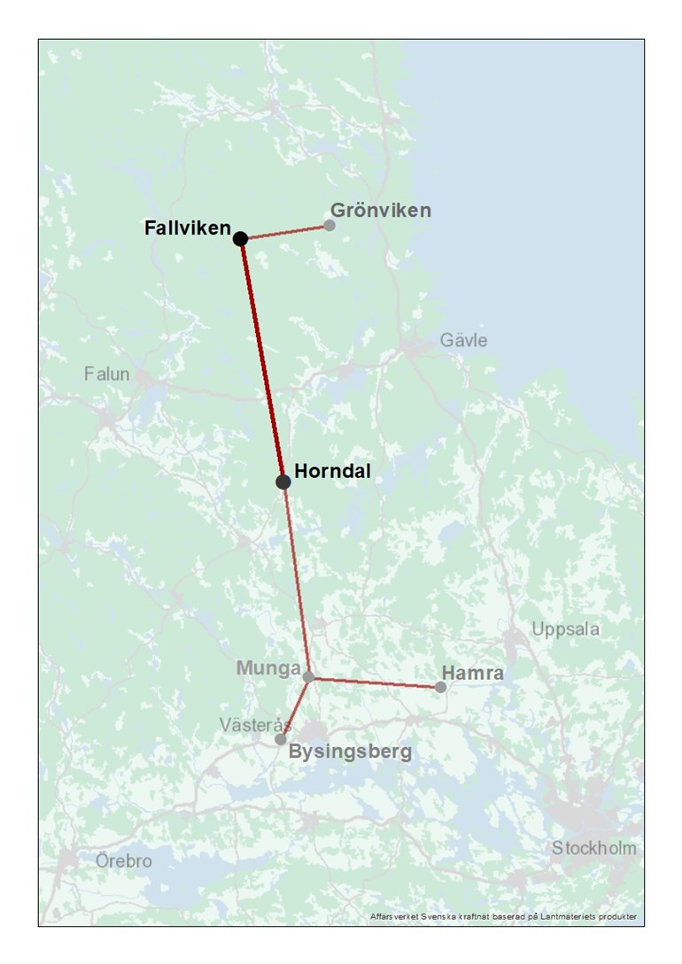 Karta som visar planerad sträcka för ledning mellan Fallviken-Horndal.