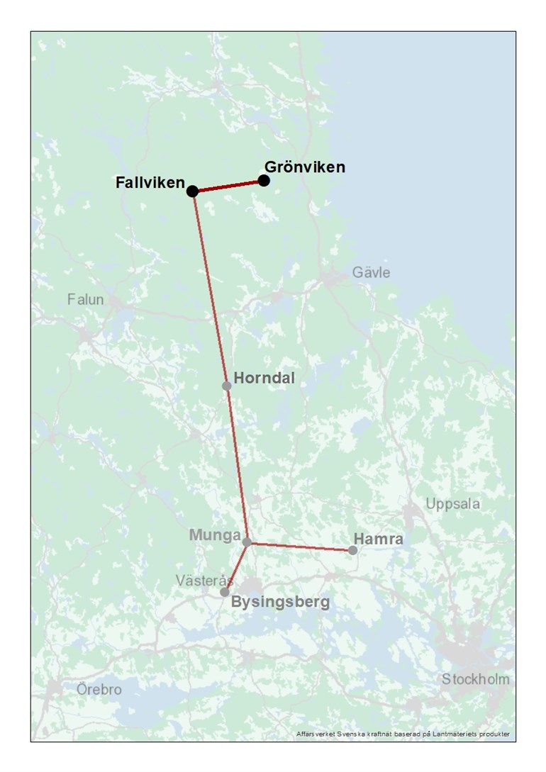 Karta som visar planerad sträcka för ledning mellan Grönviken-Fallviken.