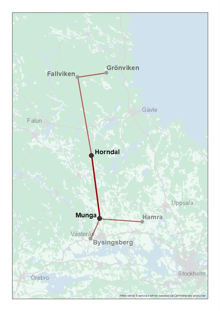 Karta som visar planerad sträcka för ledning mellan Horndal-Munga.