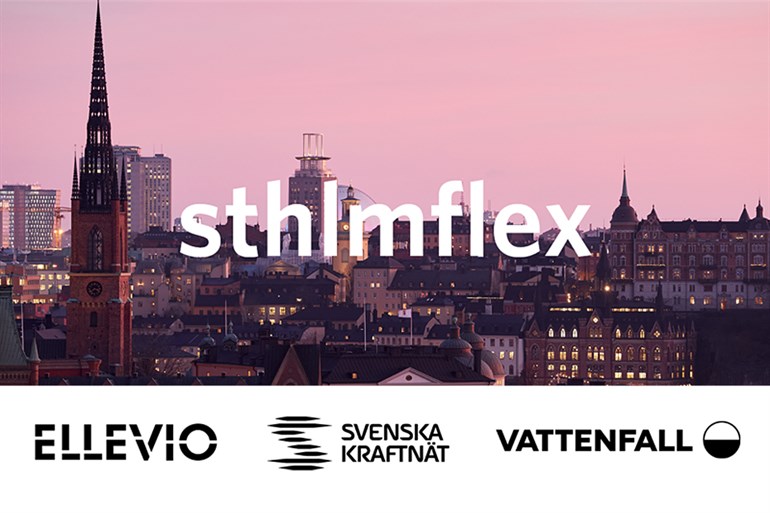 Skyline av Stockholm stad och Ellevio, Svenska kraftnät och Vattenfalls logotyper