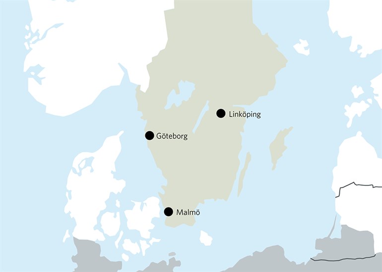 Karta över södra Sverige med mothandelsresurser i Malmö, Göteborg och Linköping markerade.