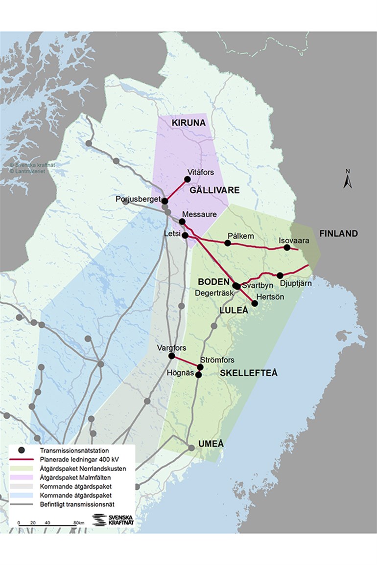 Karta över Svenska kraftnäts pågående planerade projekt inom program Fossilfritt Övre Norrland. 