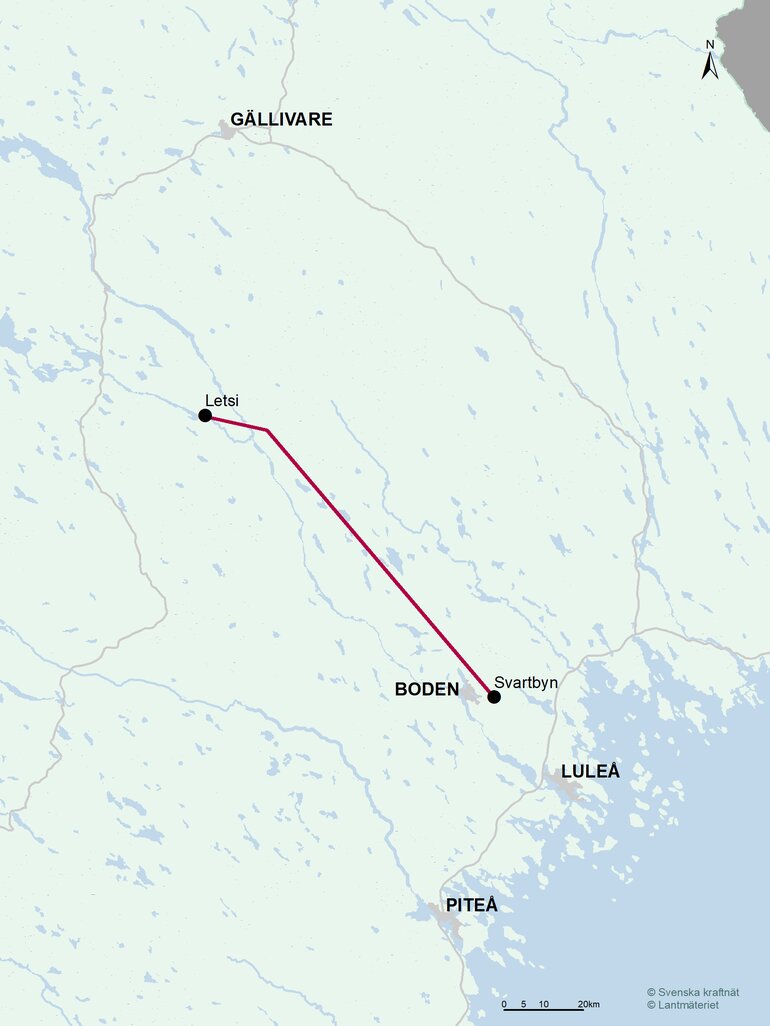 Kartan visar området för ledningsprojekt Letsi--Svartbyn