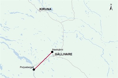 Karta över sträckning för ledning Porjusberget--Naalojärvi.