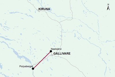 Karta över sträckning för ledning Porjusberget--Naalojärvi.