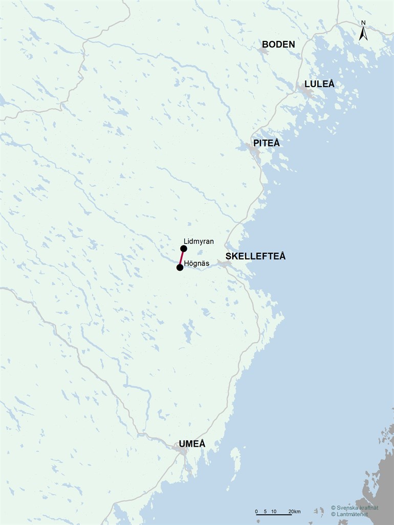 Karta över sträckning för projekt Lidmyran-Högnäs