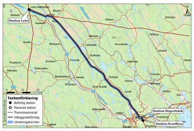 Karta över sträckning för ledning mellan Letsi och Svartbyn