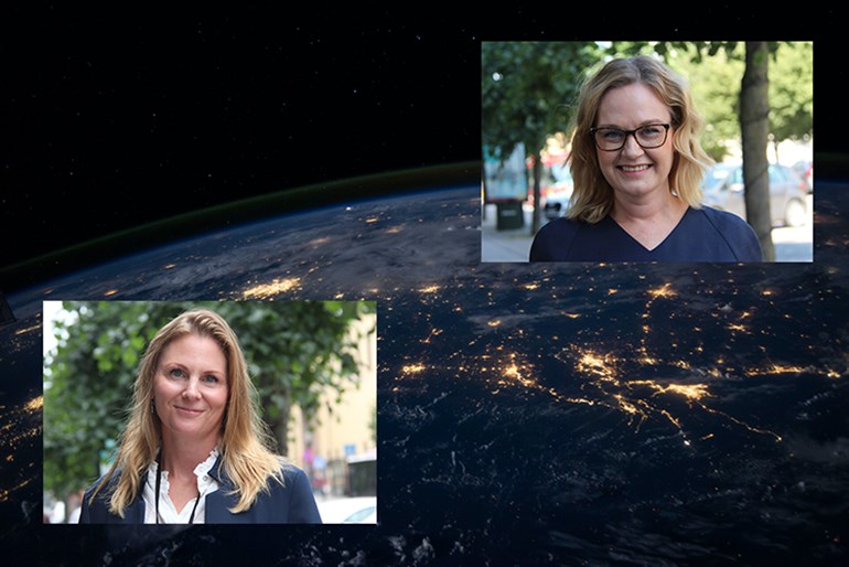 Vy över jorden från rymden med infogade porträttbilder av Tiina Saksman Harb och Sandra Brenner.