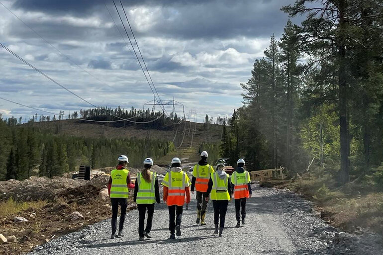 Sex stycken traineer med hjälmar och skyddsvästar, som går på en landsväg i skogslandskap. En kraftledningslina som löper längs vägen. 