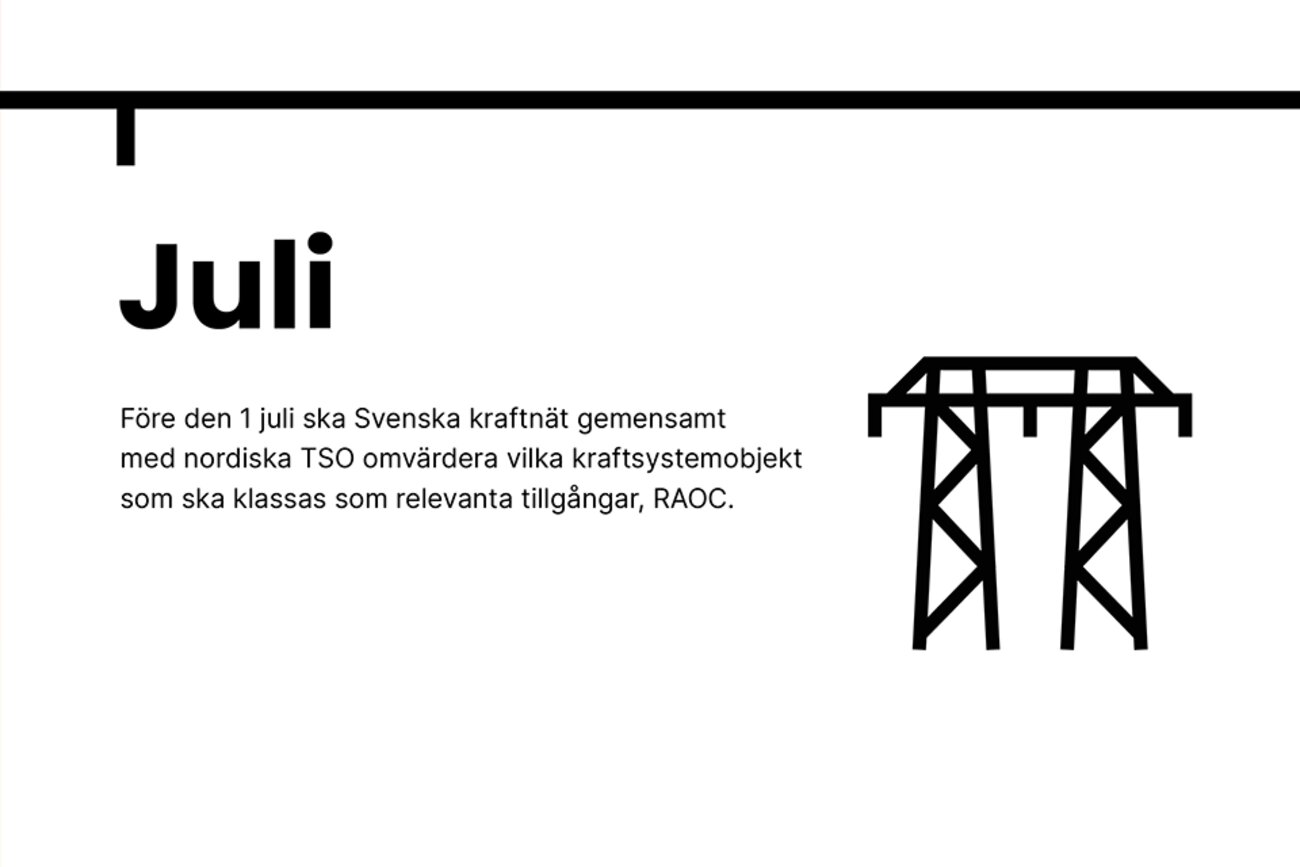 Juli. Före den 1 juli ska Svenska kraftnät gemensamt med nordiska TSO omvärdera vilka kraftsystemobjekt som ska klassas som relevanta tillgångar, RAOC.