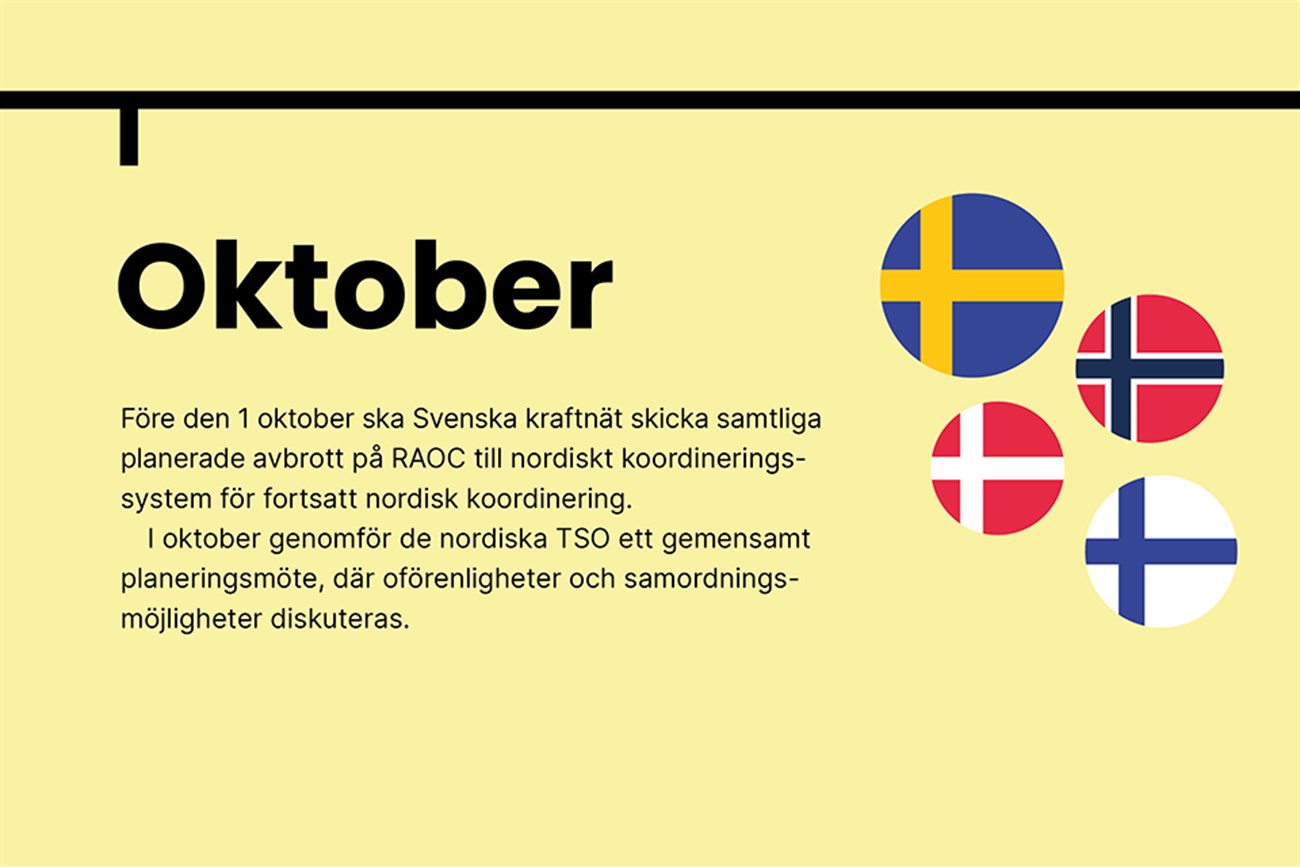 Oktober. Före den 1 oktober ska Svenska kraftnät skicka samtliga planerade avbrott på RAOC till nordiskt koordineringssystem för fortsatt nordisk koordinering. I oktober genomför de nordiska TSO ett gemensamt planeringsmöte, där oförenligheter och samordningsmöjligheter diskuteras.