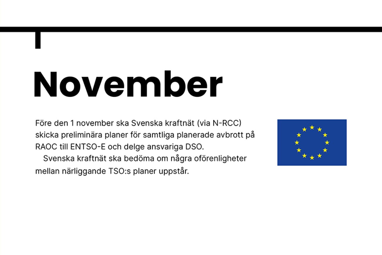 November. Före den 1 november ska Svenska kraftnät (via N-RCC) skicka preliminära planer för samtliga planerade avbrott på RAOC till ENTSO-E och delge ansvariga DSO. Svenska kraftnät ska bedöma om några oförenligheter mellan närliggande TSO:s planer uppstår.