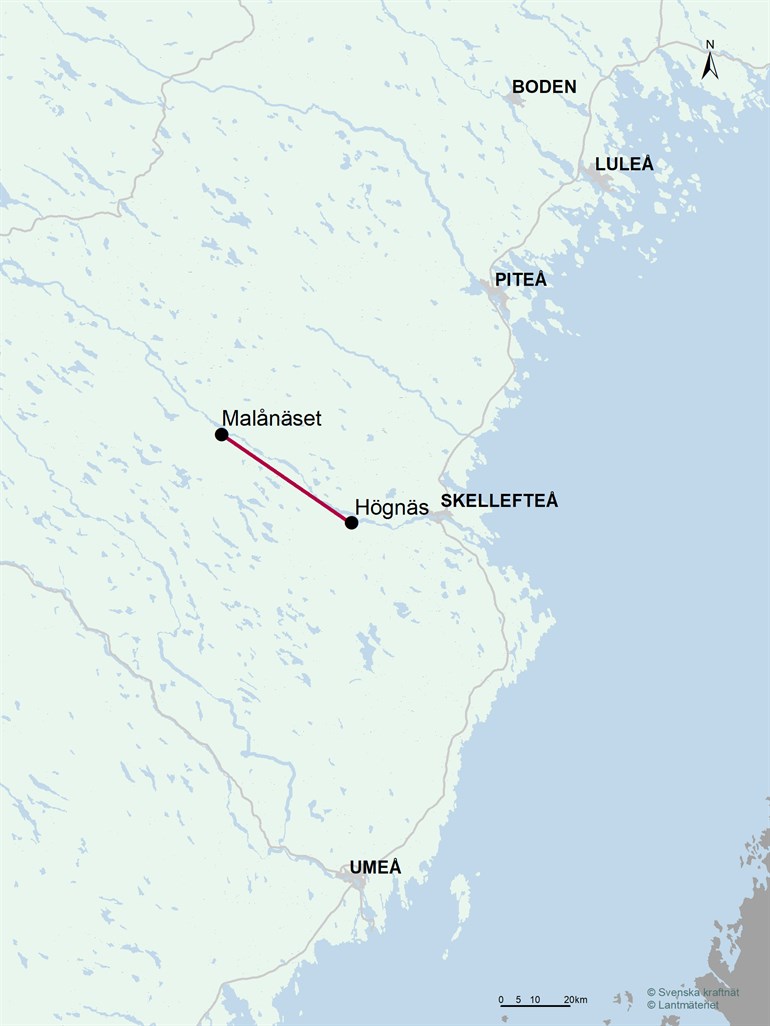 En kartbild på vart ledningen för Malånäset-Högnäs är planerad