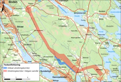 Karta över utredningskorridoren indelad i delområden.