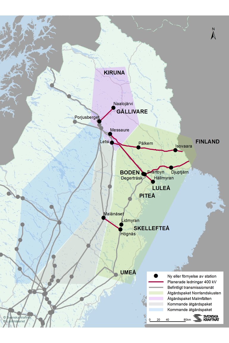 Kartbild över Norrbotten och Västerbotten, aktuella projekt i området