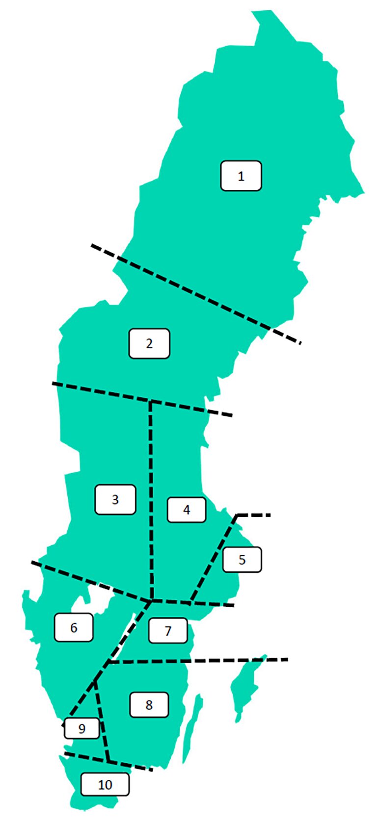 Sverigekarta som visar områdena för: 1. Norrbotten och Västerbotten, 2. Södra Norrland, 3. Västra Svealand, 4. Östra Svealand, 5. Stockholm, 6. Västra Götaland, 7. Östergötland, Södermanland, 8. Östra Götaland, 7. Östergötland, Södermanland, 9. Halland, 10. Skåne.