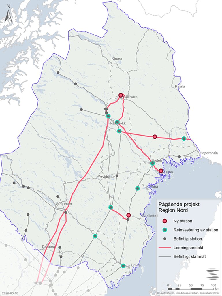 Karta över pågående projekt i Norrbotten och Västerbotten