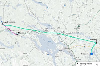 Karta som visar utredningskorridorerna för Ismunden-Järpströmmen-Mörsil