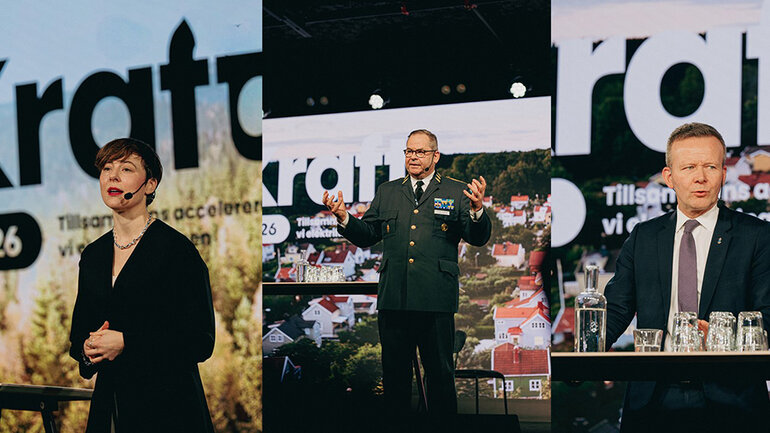 Statssekreterare Maja Lundbäck, Sveriges överbefälhavare Michael Claesson och Mikael Frisell, generaldirektör för Myndigheten för civilt försvar.