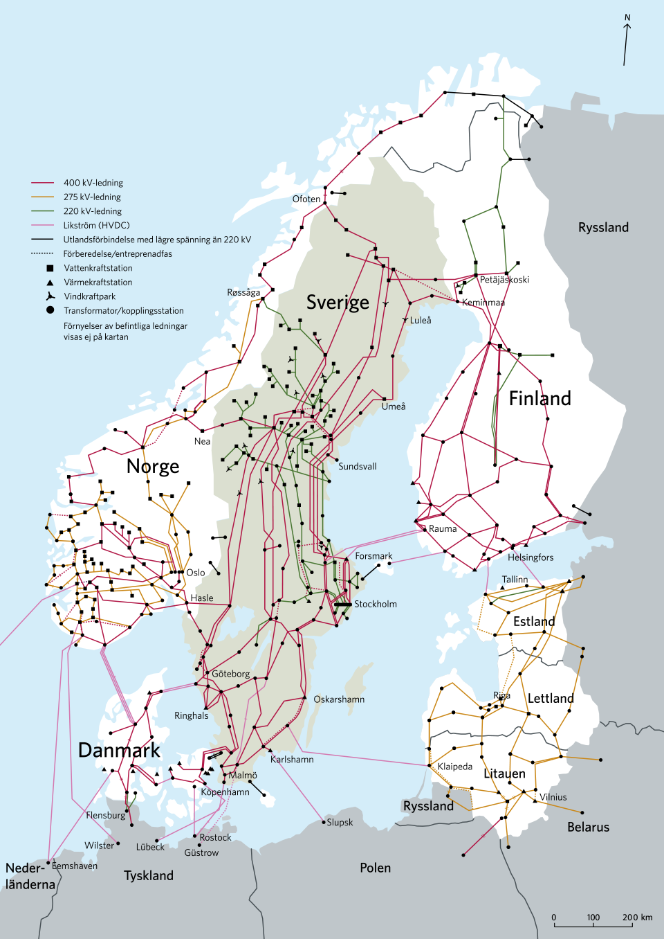 Karta över transmissionsnätet för el i Sverige.
