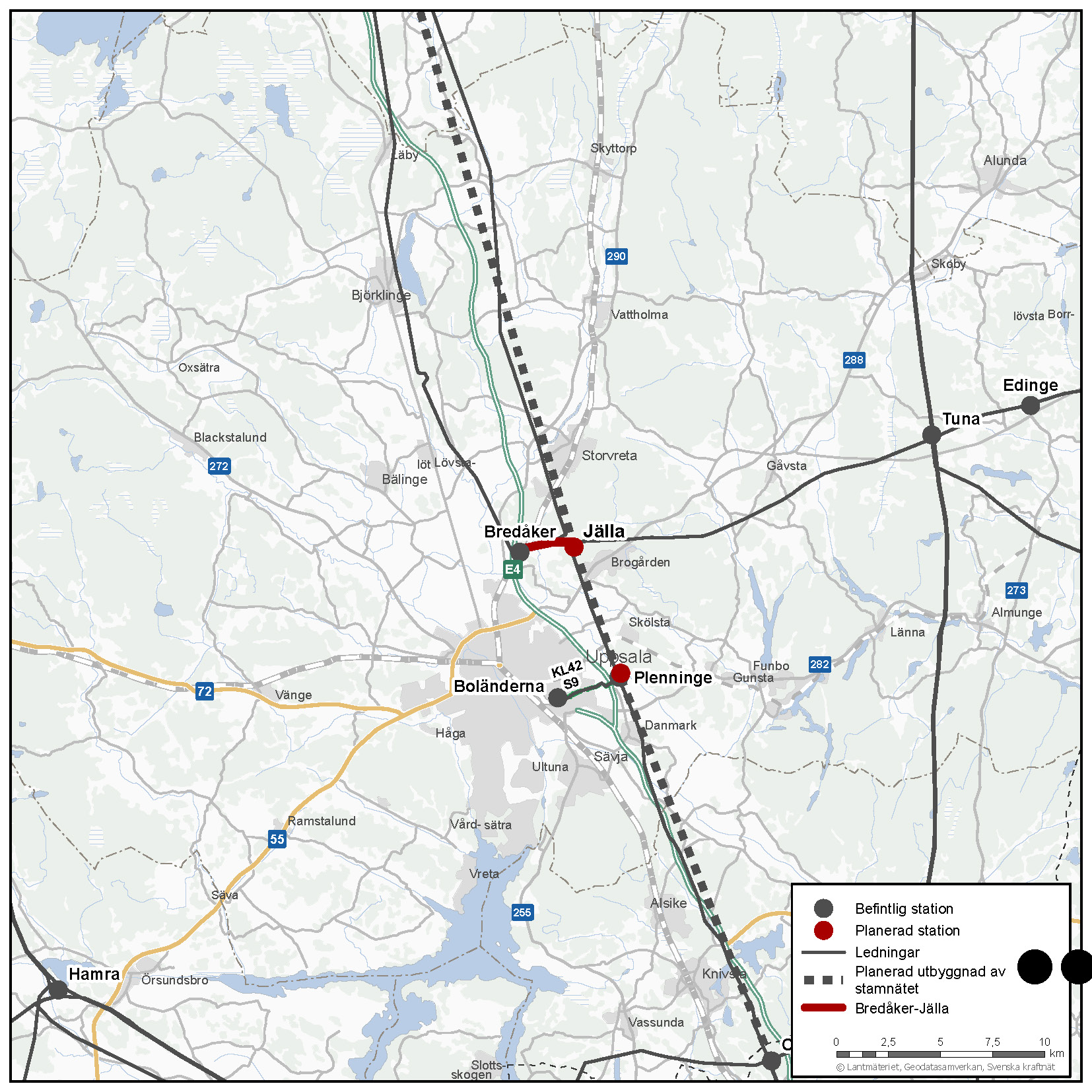Karta som visar ledningen mellan Bredåker och Jälla.