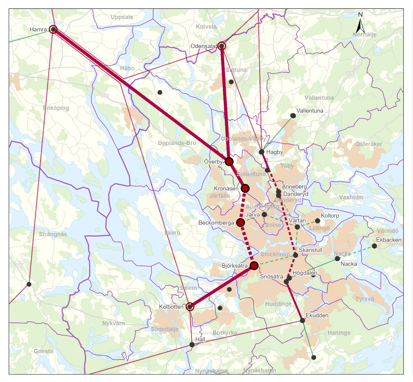 Karta över Stockholmsområdet med de olika sträckningarna