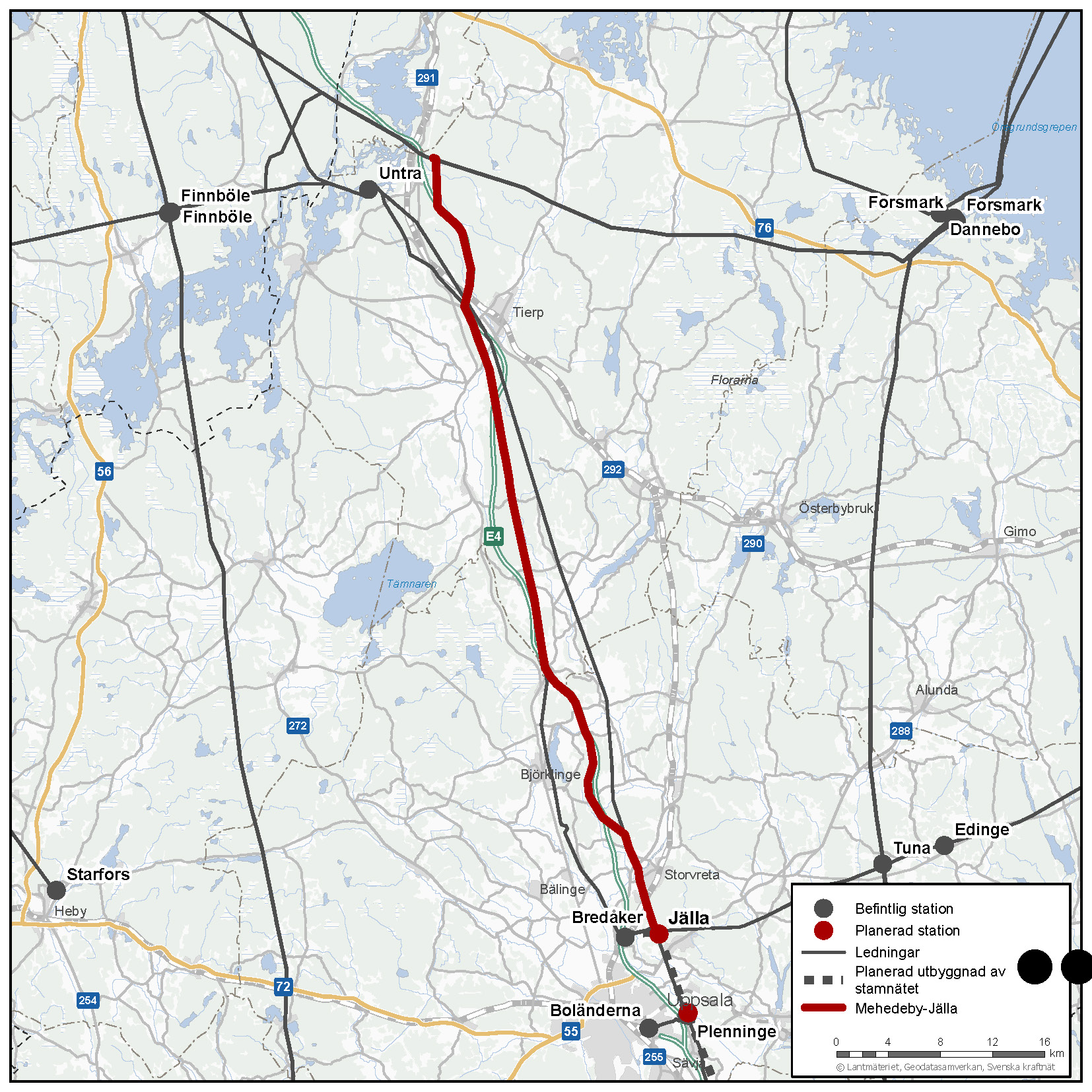 Karta som visar ledningen mellan Mehedeby och Jälla.