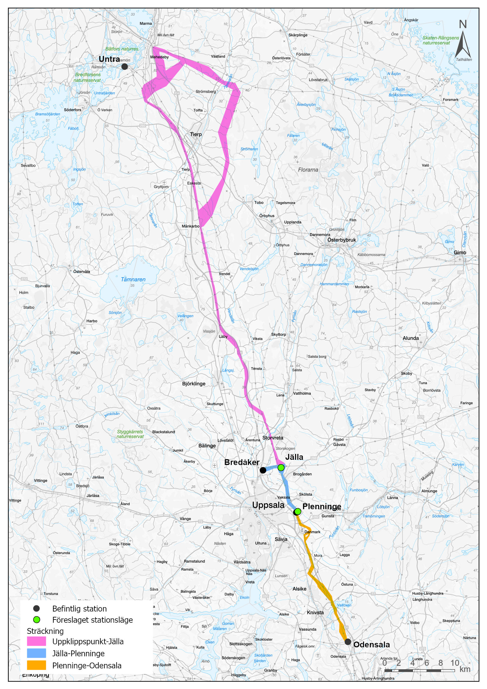 En karta som visar vald utredningskorridorer i Uppsalaområdet.