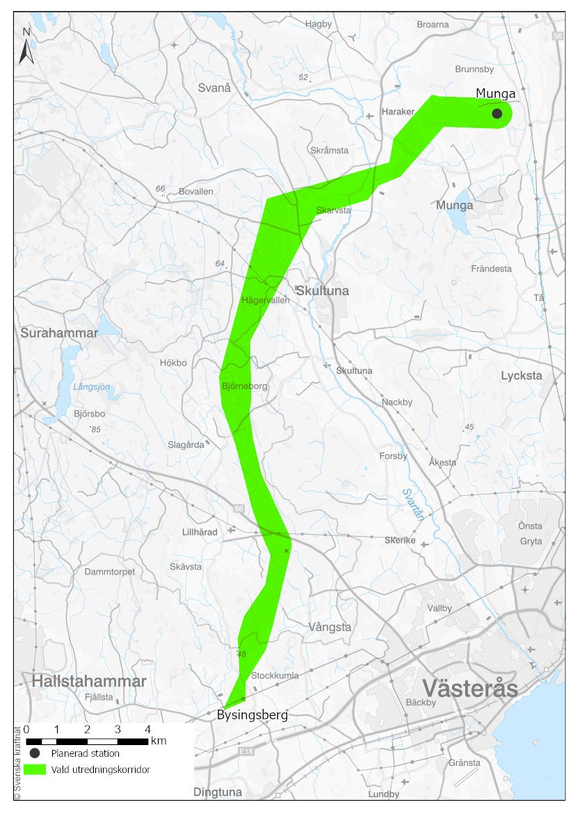 En karta som visar vald utredningskorridor mellan Bysingsberg och Munga. 