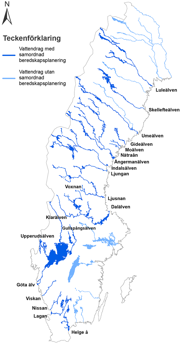 Karta över Sverige där både vattendrag som har samordnad beredskapsplanering och vattendrag där det inte finns samordnad beredskapsplanering, är markerade.