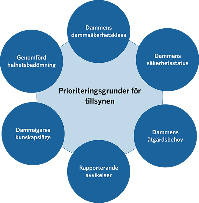 Prioriteringsgrunder för tillsynen är: dammens dammsäkerhetsklass, dammens säkerhetsstatus, dammens åtgärdsbehov, rapporterande avvikelser, dammägares kunskapsläge och genomförd helhetsbedömning.